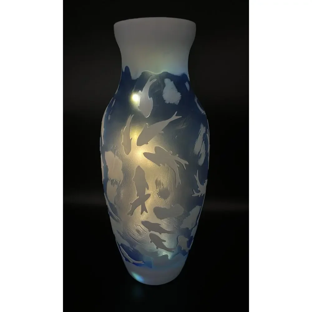 Emile Galle Reproduction Blue Cameo Glass Vase with White Fish 14” Coastal Decor